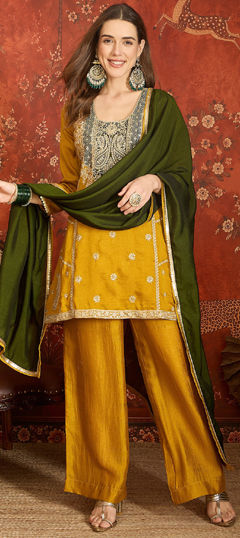 Yellow color Salwar Kameez in Silk fabric with Embroidered work