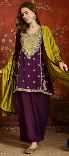 Purple and Violet color Salwar Kameez in Silk fabric with Embroidered work