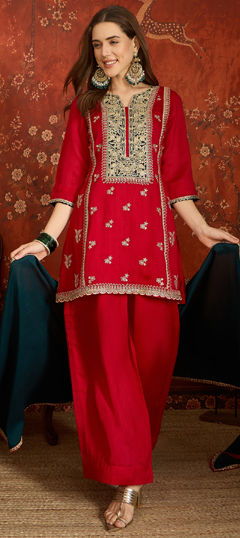 Red and Maroon color Salwar Kameez in Silk fabric with Embroidered work
