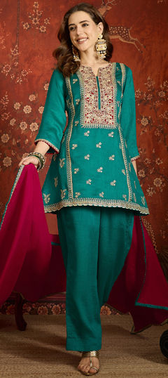 Blue color Salwar Kameez in Silk fabric with Embroidered work
