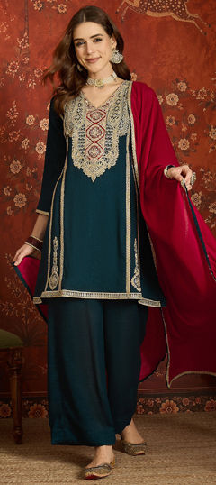 Blue color Salwar Kameez in Silk fabric with Embroidered work