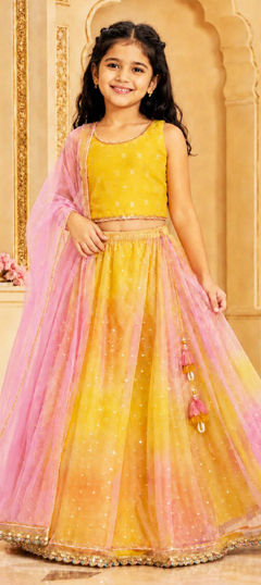 Yellow color Kids Lehenga in Dupion Silk fabric with Foil Print work