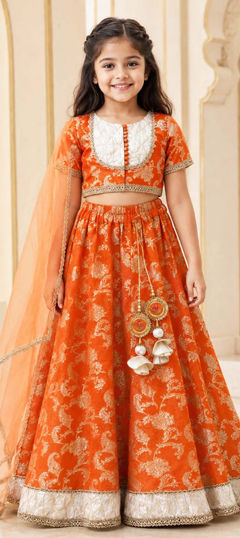 Beige and Brown color Kids Lehenga in Brocade fabric with Printed work