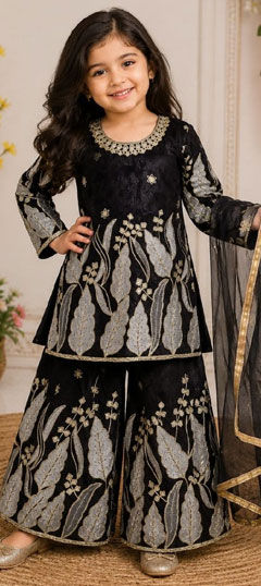 Black and Grey color Kids Salwar in Tissue fabric with Embroidered, Sequence work