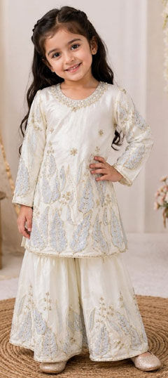 White and Off White color Kids Salwar in Tissue fabric with Embroidered, Sequence work