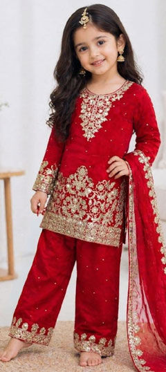 Red and Maroon color Kids Salwar in Tissue fabric with Embroidered, Sequence work