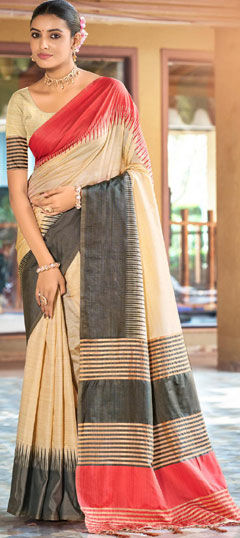 Beige and Brown, Black and Grey color Saree in Silk fabric with Weaving work