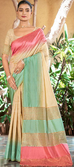 Green, White and Off White color Saree in Silk fabric with Weaving work