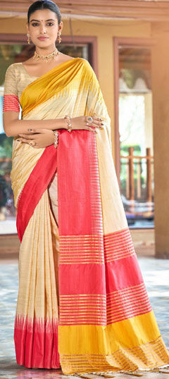 Green, Pink and Majenta color Saree in Silk fabric with Weaving work