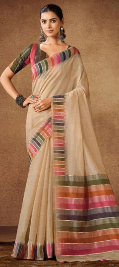 White and Off White color Saree in Silk fabric with Weaving work
