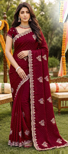 Red and Maroon color Saree in Silk fabric with Embroidered work