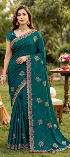 Blue color Saree in Silk fabric with Embroidered work