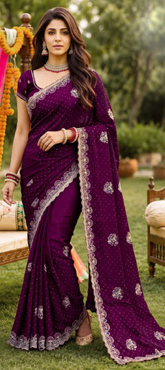 Purple and Violet color Saree in Silk fabric with Embroidered work
