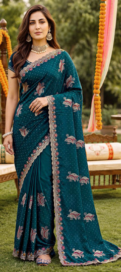 Blue color Saree in Silk fabric with Embroidered work