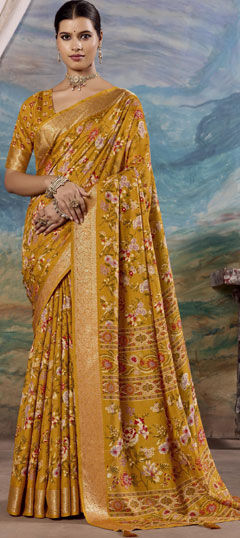 Yellow color Saree in Silk fabric with Weaving work