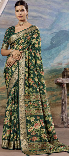 Green color Saree in Silk fabric with Weaving work