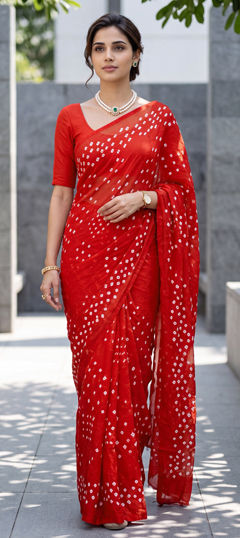 Red and Maroon color Saree in Silk fabric with Bandhej, Printed work