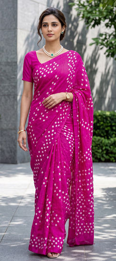 Pink and Majenta color Saree in Silk fabric with Bandhej, Printed work