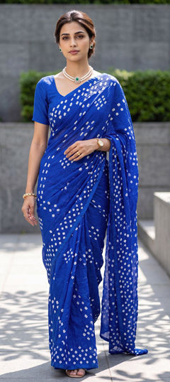 Blue color Saree in Silk fabric with Bandhej, Printed work