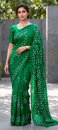 Green color Saree in Silk fabric with Bandhej, Printed work