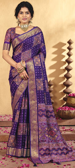Purple and Violet color Saree in Silk fabric with Bandhej, Printed, Weaving work