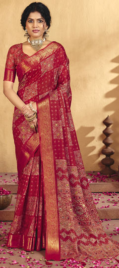 Red and Maroon color Saree in Silk fabric with Bandhej, Printed, Weaving work