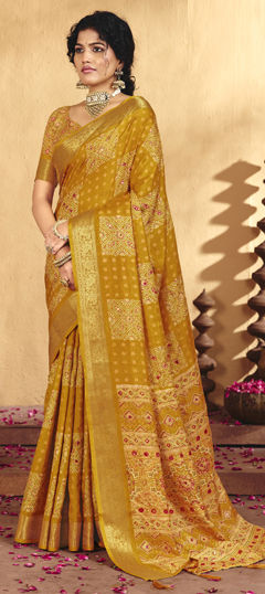 Yellow color Saree in Silk fabric with Bandhej, Printed, Weaving work