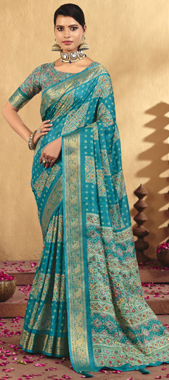 Blue color Saree in Silk fabric with Bandhej, Printed, Weaving work