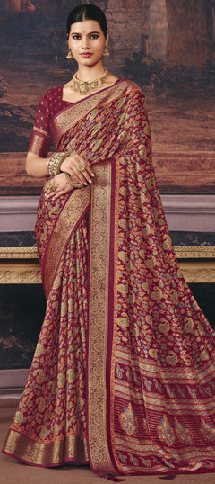 Red and Maroon color Saree in Silk fabric with Weaving work