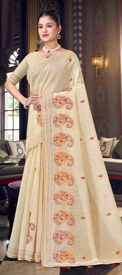 Beige and Brown color Saree in Tussar Silk fabric with Embroidered work
