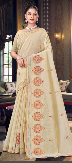 Beige and Brown color Saree in Tussar Silk fabric with Embroidered work
