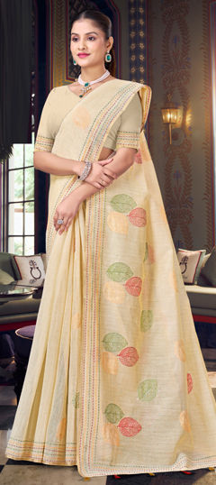 Beige and Brown color Saree in Tussar Silk fabric with Embroidered work