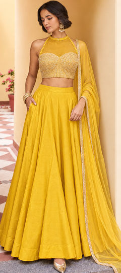 Yellow color Lehenga in Net fabric with Bugle Beads, Embroidered, Sequence, Thread work