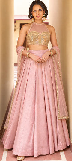 Pink and Majenta color Lehenga in Net fabric with Bugle Beads, Embroidered, Sequence, Thread work