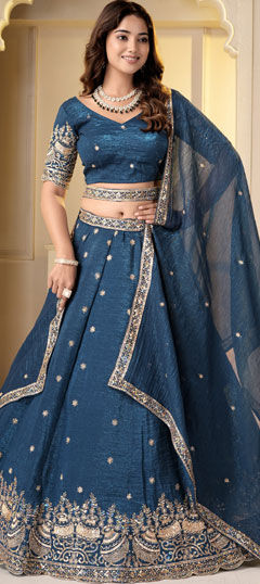 Blue color Lehenga in Crushed Silk fabric with Bugle Beads, Embroidered, Sequence, Zari work
