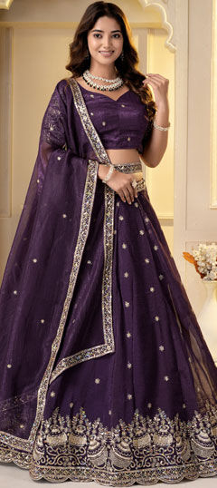 Purple and Violet color Lehenga in Crushed Silk fabric with Bugle Beads, Embroidered, Sequence, Zari work