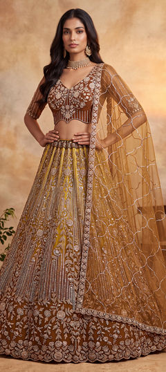 Yellow color Lehenga in Net fabric with Embroidered, Sequence work