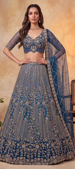 Blue color Lehenga in Net fabric with Embroidered, Sequence work