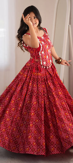 Red and Maroon color Lehenga in Rayon fabric with Digital Print, Embroidered, Mirror, Thread work