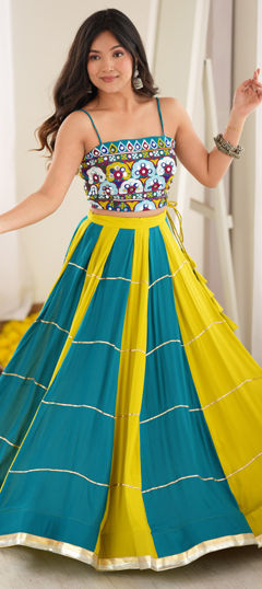 Blue, Yellow color Lehenga in Rayon fabric with Embroidered, Gota Patti, Mirror, Thread work