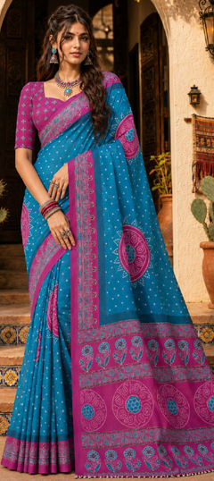 Blue color Saree in Tussar Silk fabric with Printed work