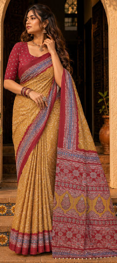 Beige and Brown color Saree in Tussar Silk fabric with Printed work