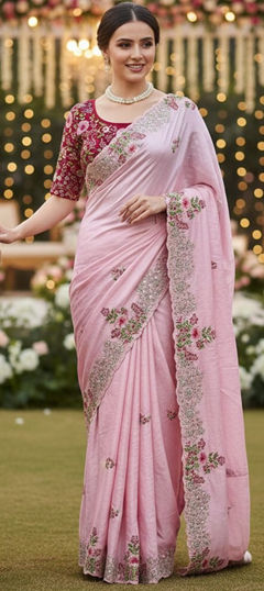Pink and Majenta color Saree in Silk fabric with Embroidered work