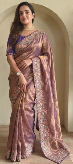 Pink and Majenta color Saree in Tissue fabric with Embroidered, Sequence, Zircon work
