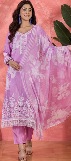 Purple and Violet color Salwar Kameez in Muslin fabric with Embroidered work