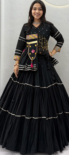 Black and Grey color Long Lehenga Choli in Cotton fabric with Gota Patti, Mirror work