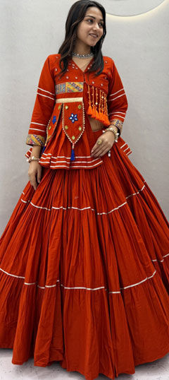 Orange color Long Lehenga Choli in Cotton fabric with Gota Patti, Mirror work