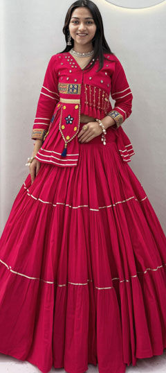 Pink and Majenta color Long Lehenga Choli in Cotton fabric with Gota Patti, Mirror work