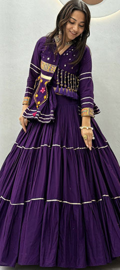 Purple and Violet color Long Lehenga Choli in Cotton fabric with Gota Patti, Mirror work