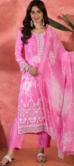 Pink and Majenta color Salwar Kameez in Muslin fabric with Embroidered work